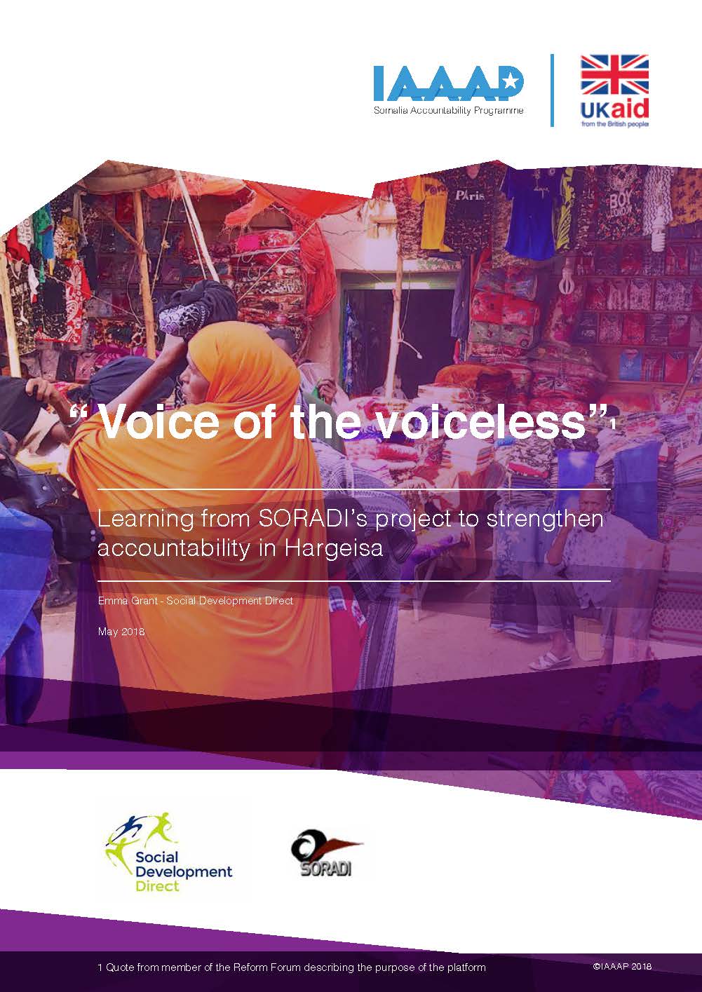 Front page of document- "voice of the voiceless quote" take from case study, in front of image of woman carrying shopping through busy market