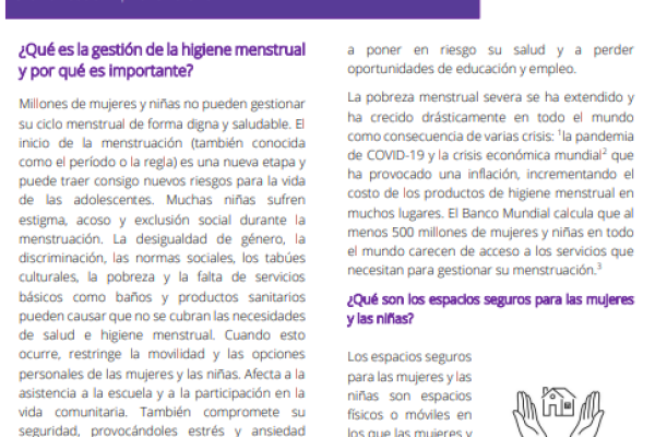 HOJA DE ORIENTACIÓN: Consejos para integrar las actividades de gestión de la higiene menstrual para mujeres y niñas en los espacios seguros para las mujeres y las niñas