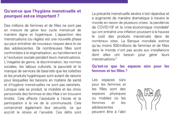FICHE CONSEIL : Conseils pour l'intégration des activités de gestion de l'hygiène menstruelle pour les femmes et les filles dans les espaces sûrs pour les femmes et les filles