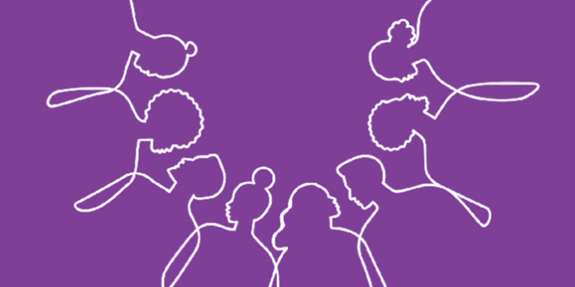 Purple background, white line drawing of people working together